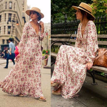 Load image into Gallery viewer, Fashion Summer Long Sleeve V-Neck High Waist Dress Floral Printed Loose Bohe Beach Dresses Vestidos French retro