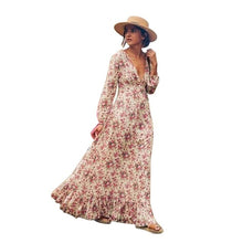 Load image into Gallery viewer, Fashion Summer Long Sleeve V-Neck High Waist Dress Floral Printed Loose Bohe Beach Dresses Vestidos French retro