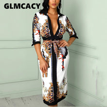 Load image into Gallery viewer, Women  V Neck Scarf Print Belted Wrap Casual Dress 2019 Spring Half Sleeve Party Midii Dress Vacation Ladies Dresses