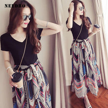 Load image into Gallery viewer, NEEDBO Summer Dress Casual Two-piece Set Vestidos Mujer Chiffon Dress Women Mid-Calf Long Dress Elegant Women Tshirt Dress